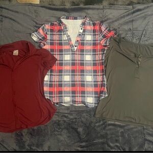 Plaid and Solid Short Sleeve Tops - Red, Blue, Gray